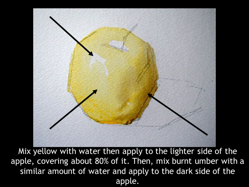 Mix yellow with water then apply to the lighter side of the apple, covering about 80% of it.