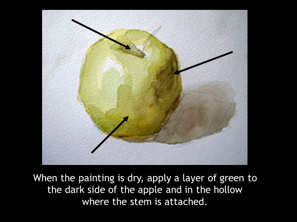When the painting is dry, apply a layer of green to the dark side of the apple and in the hollow where the stem is attached.