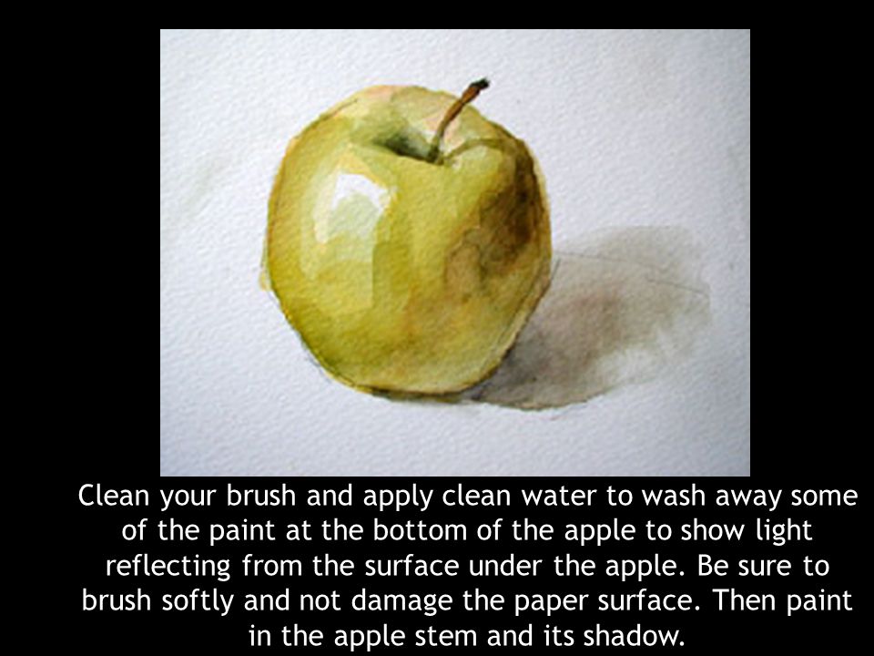 Clean your brush and apply clean water to wash away some of the paint at the bottom of the apple to show light reflecting from the surface under the apple.