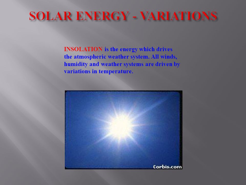 INSOLATION is the energy which drives the atmospheric weather system.