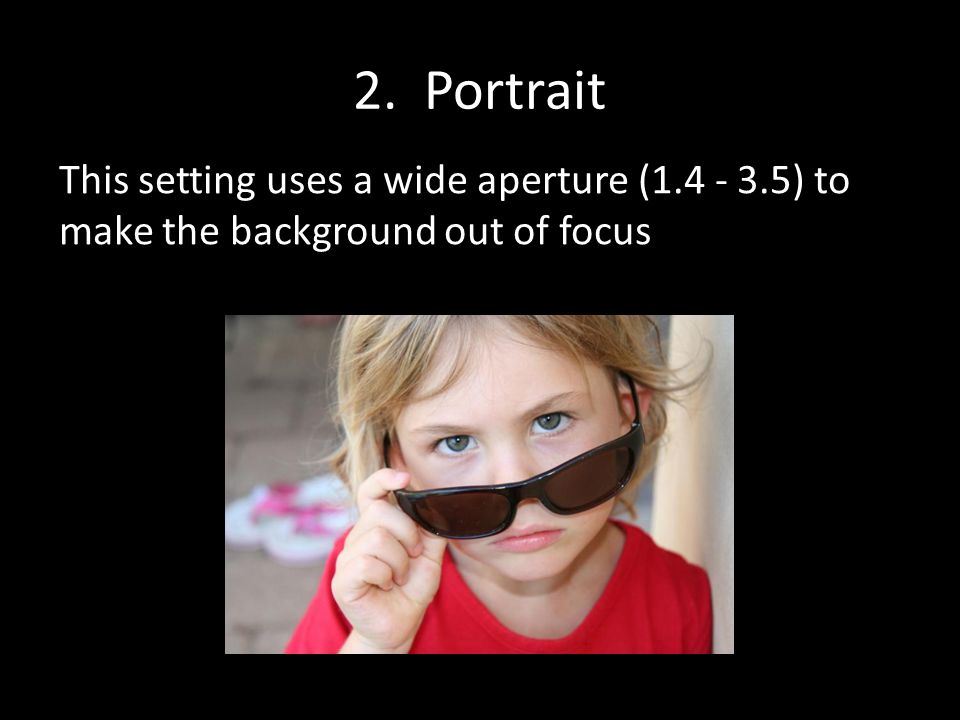 2. Portrait This setting uses a wide aperture ( ) to make the background out of focus