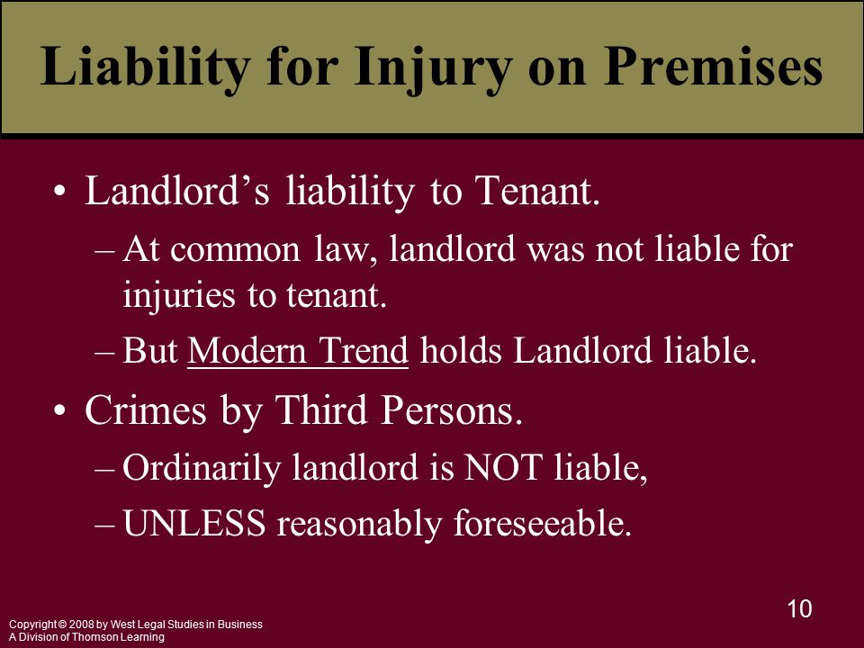 Copyright © 2008 by West Legal Studies in Business A Division of Thomson Learning 10 Liability for Injury on Premises Landlord’s liability to Tenant.