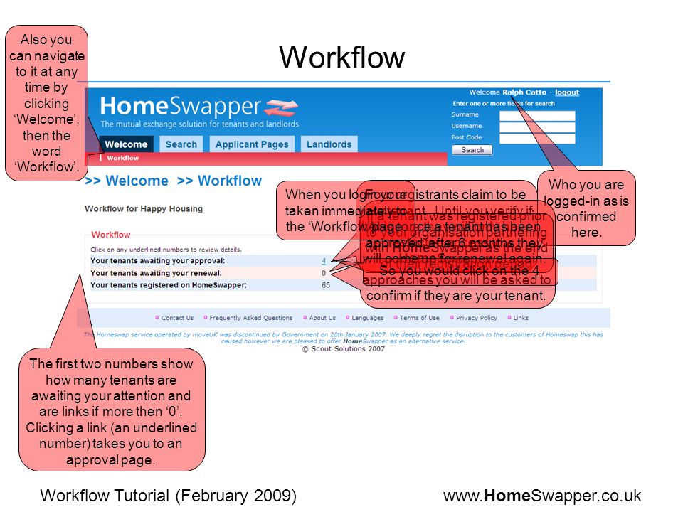 Tutorial (February 2009) Workflow Who you are logged-in as is confirmed here.