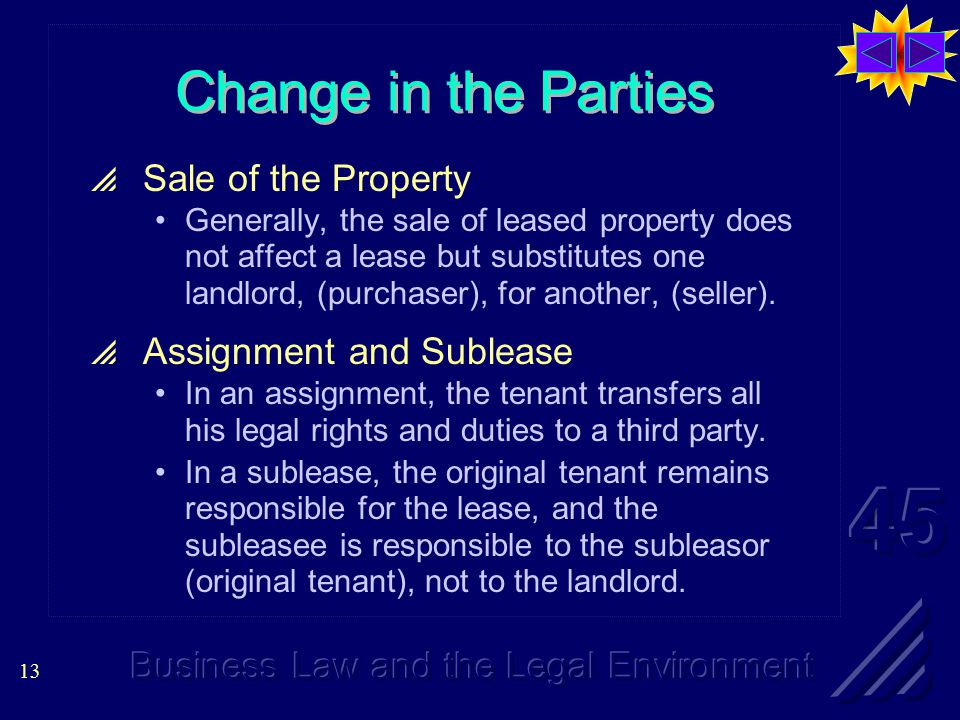 13 Change in the Parties  Sale of the Property Generally, the sale of leased property does not affect a lease but substitutes one landlord, (purchaser), for another, (seller).