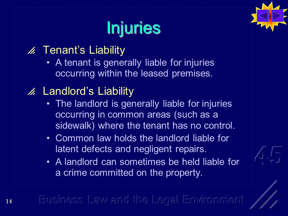 14 Injuries  Tenant’s Liability A tenant is generally liable for injuries occurring within the leased premises.