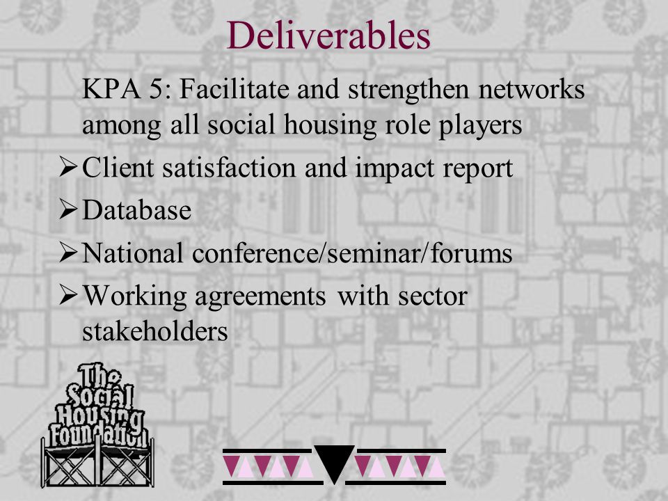 Deliverables KPA 5: Facilitate and strengthen networks among all social housing role players  Client satisfaction and impact report  Database  National conference/seminar/forums  Working agreements with sector stakeholders