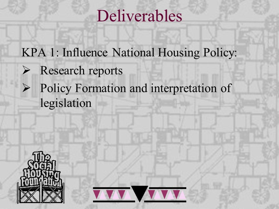 Deliverables KPA 1: Influence National Housing Policy:  Research reports  Policy Formation and interpretation of legislation