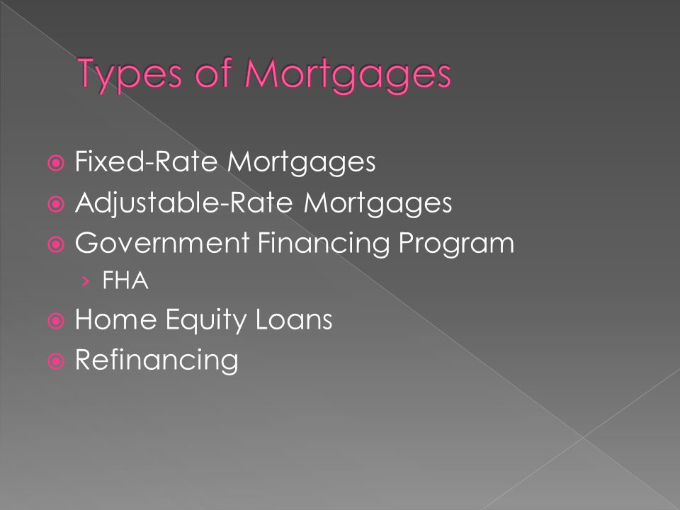  Fixed-Rate Mortgages  Adjustable-Rate Mortgages  Government Financing Program › FHA  Home Equity Loans  Refinancing