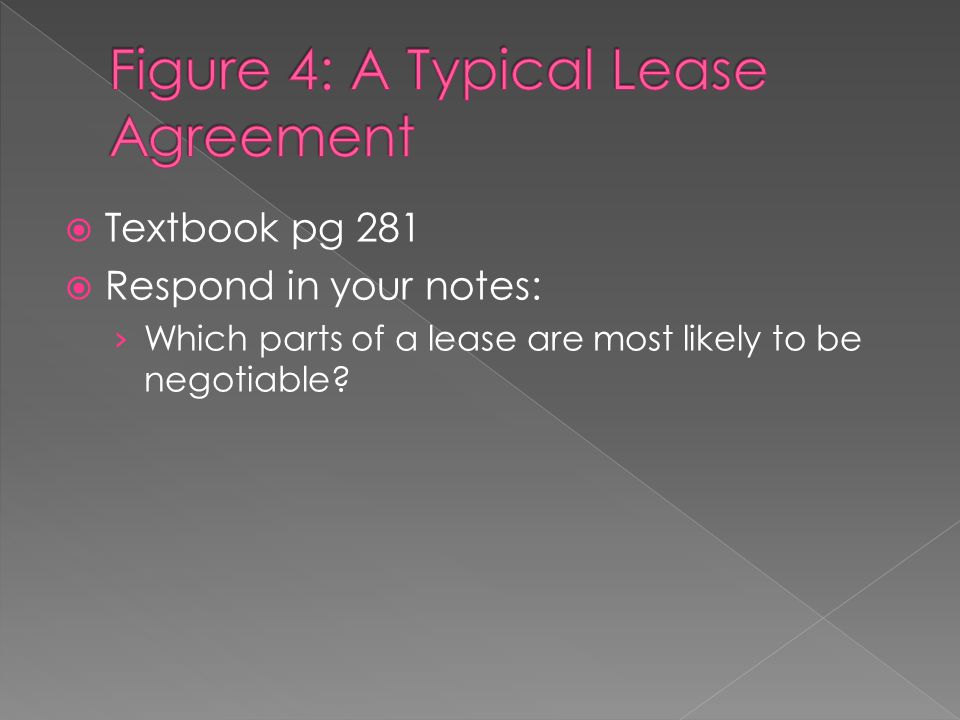 Textbook pg 281  Respond in your notes: › Which parts of a lease are most likely to be negotiable