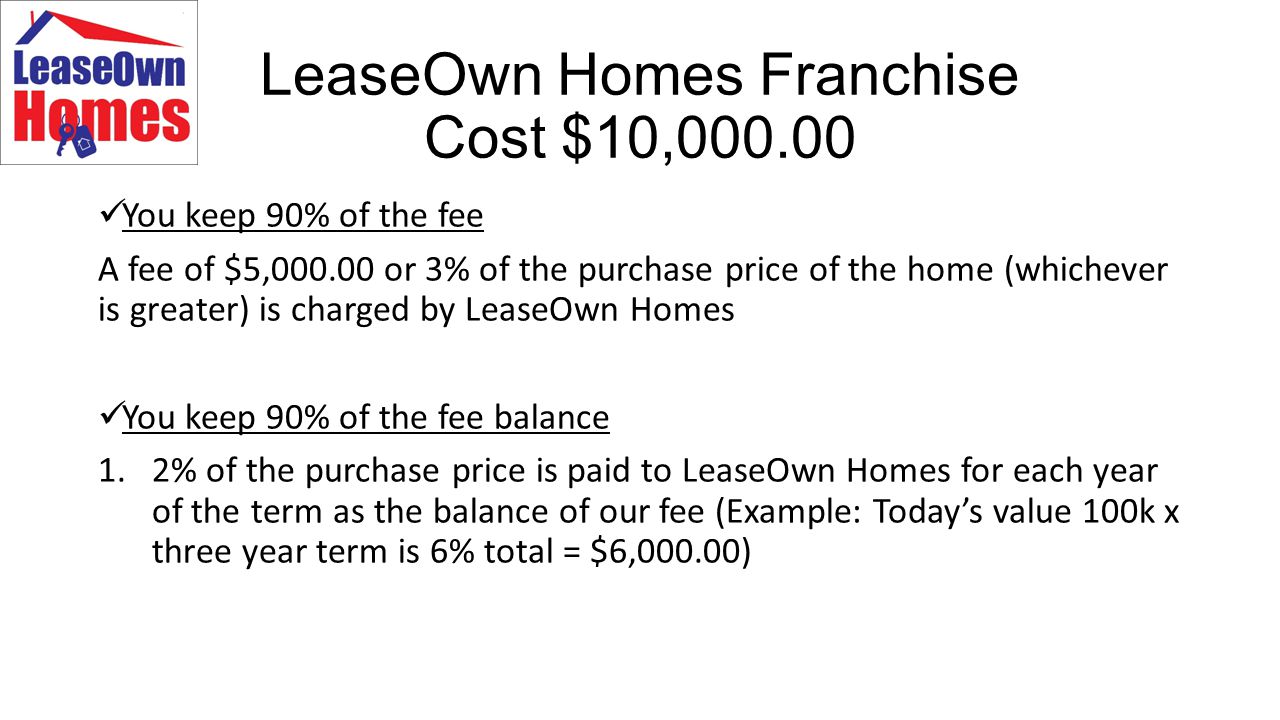 LeaseOwn Homes Franchise Cost $10, You keep 90% of the fee A fee of $5, or 3% of the purchase price of the home (whichever is greater) is charged by LeaseOwn Homes You keep 90% of the fee balance 1.2% of the purchase price is paid to LeaseOwn Homes for each year of the term as the balance of our fee (Example: Today’s value 100k x three year term is 6% total = $6,000.00)