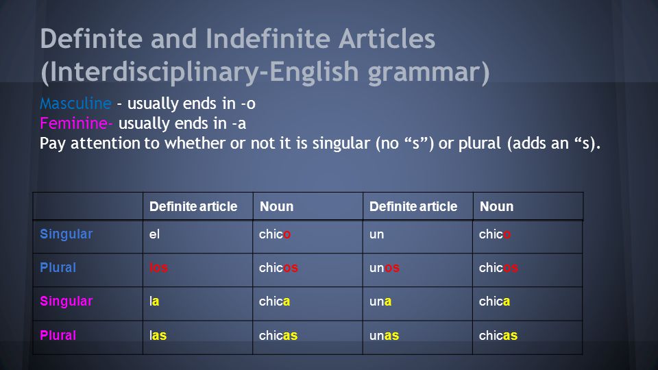 Definite and Indefinite Articles (Interdisciplinary-English grammar) Masculine - usually ends in -o Feminine- usually ends in -a Pay attention to whether or not it is singular (no s ) or plural (adds an s).