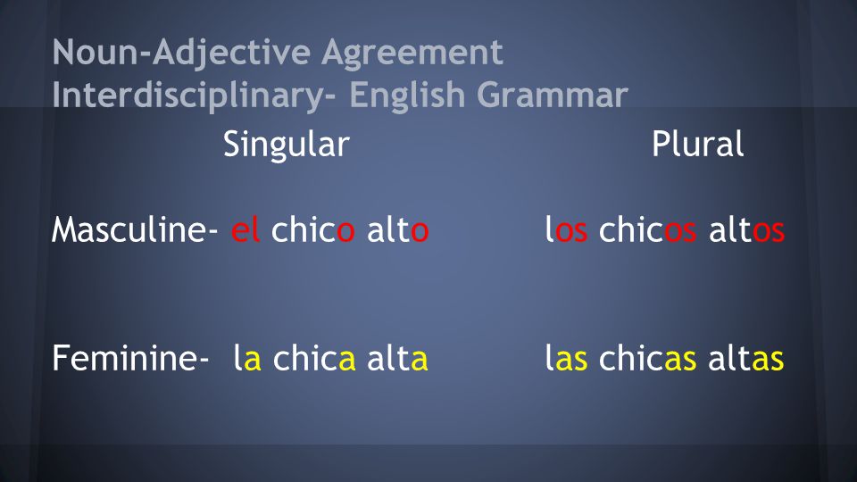 Noun-Adjective Agreement Interdisciplinary- English Grammar Singular Plural Masculine- el chico alto los chicos altos Feminine- la chica alta las chicas altas