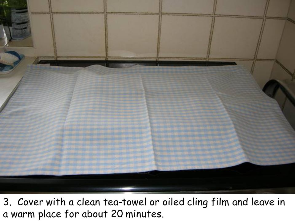 3. Cover with a clean tea-towel or oiled cling film and leave in a warm place for about 20 minutes.
