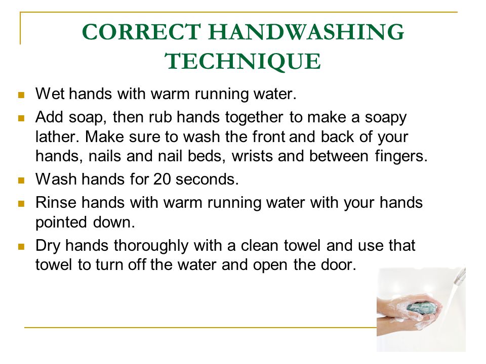 CORRECT HANDWASHING TECHNIQUE Wet hands with warm running water.