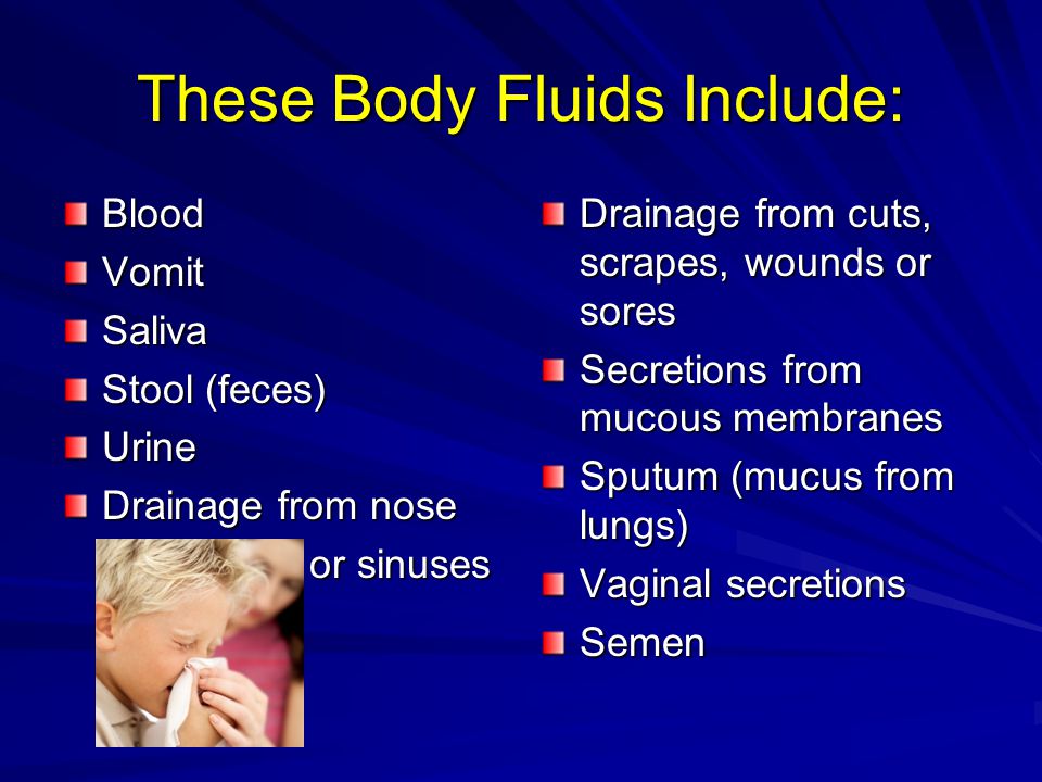 These Body Fluids Include: BloodVomitSaliva Stool (feces) Urine Drainage from nose or sinuses or sinuses Drainage from cuts, scrapes, wounds or sores Secretions from mucous membranes Sputum (mucus from lungs) Vaginal secretions Semen