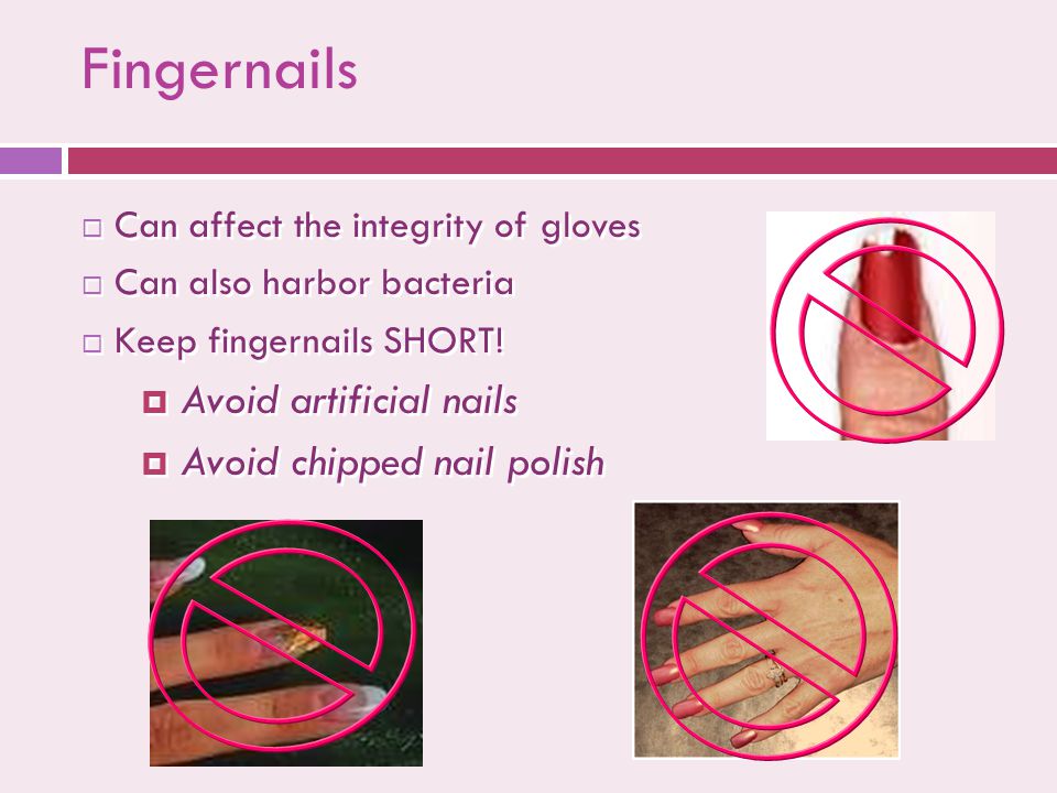  Can affect the integrity of gloves  Can also harbor bacteria  Keep fingernails SHORT.