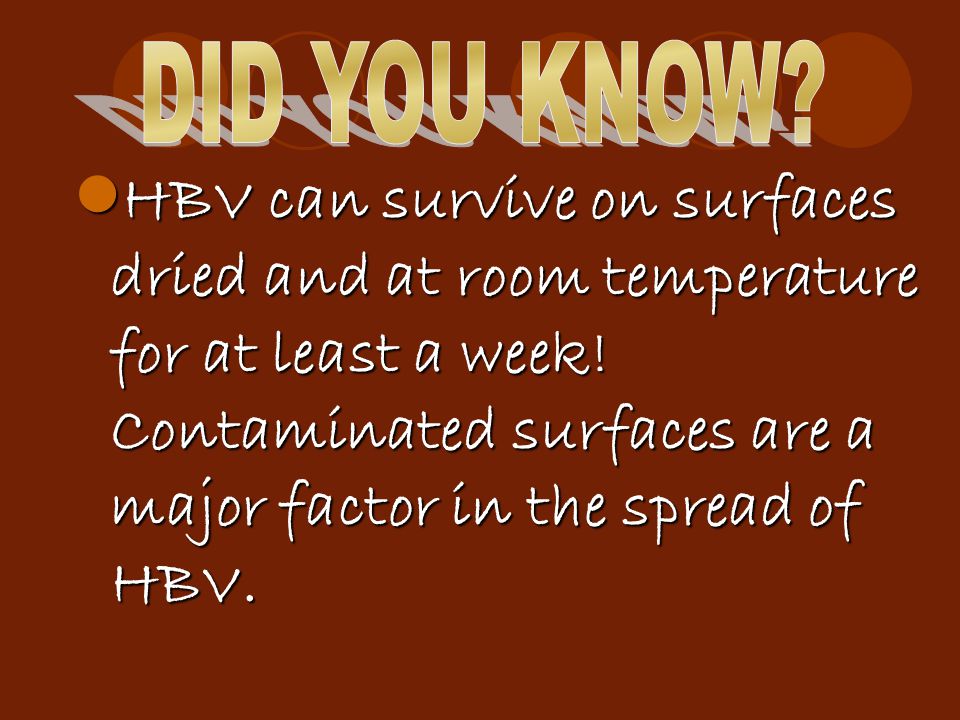 HBV can survive on surfaces dried and at room temperature for at least a week.