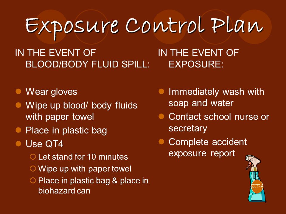 Exposure Control Plan IN THE EVENT OF BLOOD/BODY FLUID SPILL: Wear gloves Wipe up blood/ body fluids with paper towel Place in plastic bag Use QT4  Let stand for 10 minutes  Wipe up with paper towel  Place in plastic bag & place in biohazard can IN THE EVENT OF EXPOSURE: Immediately wash with soap and water Contact school nurse or secretary Complete accident exposure report QT4