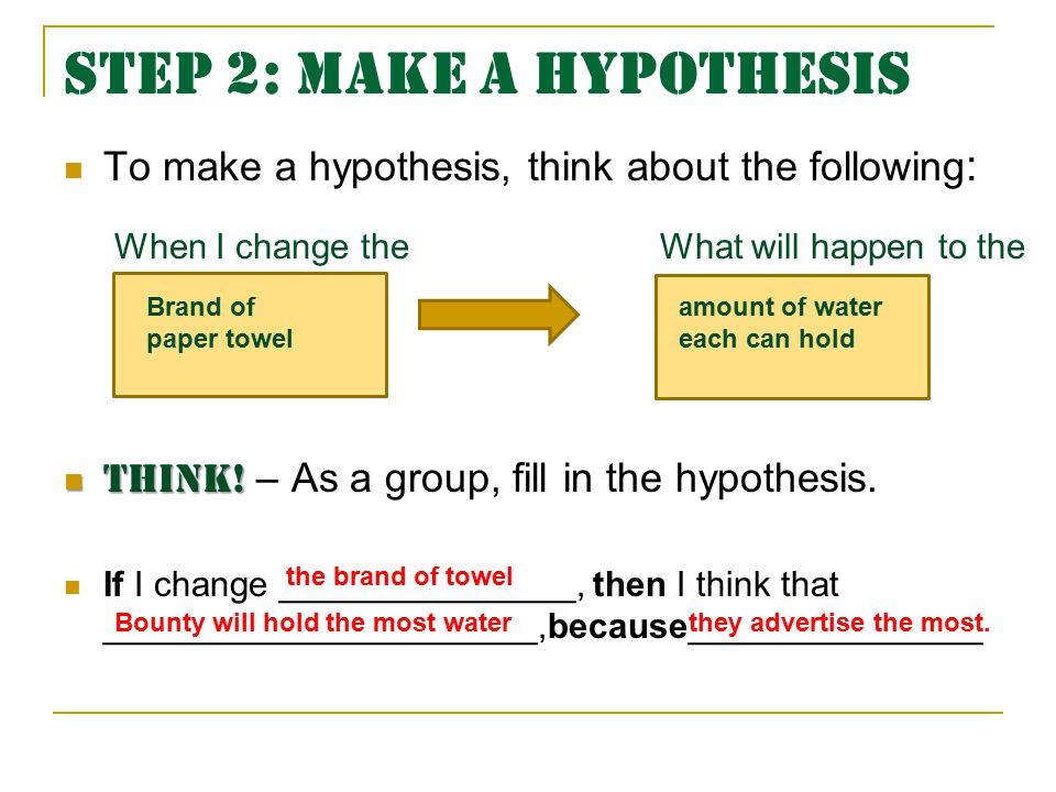Step 2: Make a Hypothesis To make a hypothesis, think about the following : THINK.