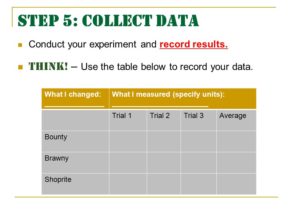 Step 5: Collect Data Conduct your experiment and record results.