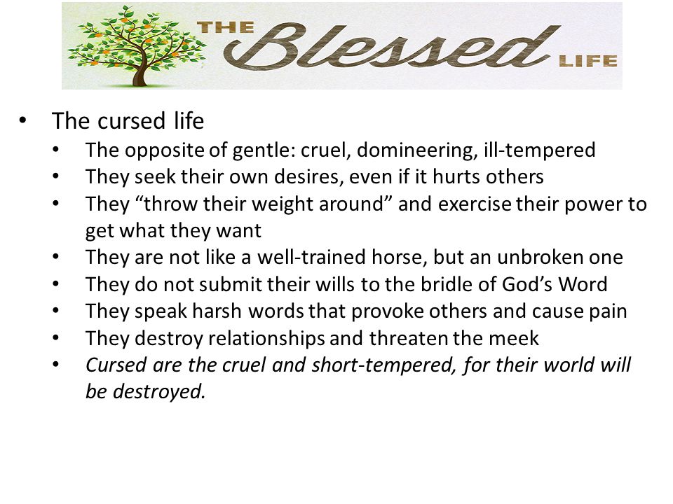 The cursed life The opposite of gentle: cruel, domineering, ill-tempered They seek their own desires, even if it hurts others They throw their weight around and exercise their power to get what they want They are not like a well-trained horse, but an unbroken one They do not submit their wills to the bridle of God’s Word They speak harsh words that provoke others and cause pain They destroy relationships and threaten the meek Cursed are the cruel and short-tempered, for their world will be destroyed.