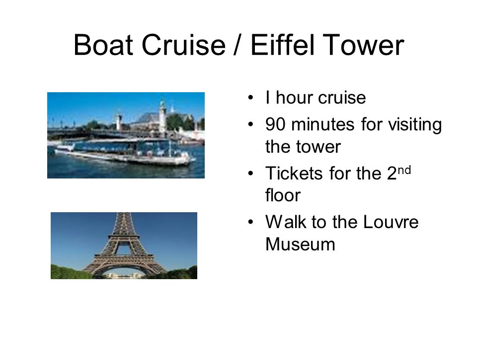 Boat Cruise / Eiffel Tower I hour cruise 90 minutes for visiting the tower Tickets for the 2 nd floor Walk to the Louvre Museum