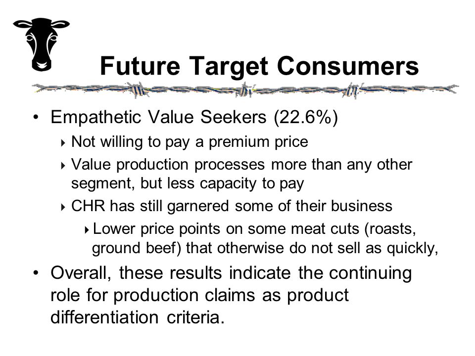 Future Target Consumers Empathetic Value Seekers (22.6%)  Not willing to pay a premium price  Value production processes more than any other segment, but less capacity to pay  CHR has still garnered some of their business  Lower price points on some meat cuts (roasts, ground beef) that otherwise do not sell as quickly, Overall, these results indicate the continuing role for production claims as product differentiation criteria.