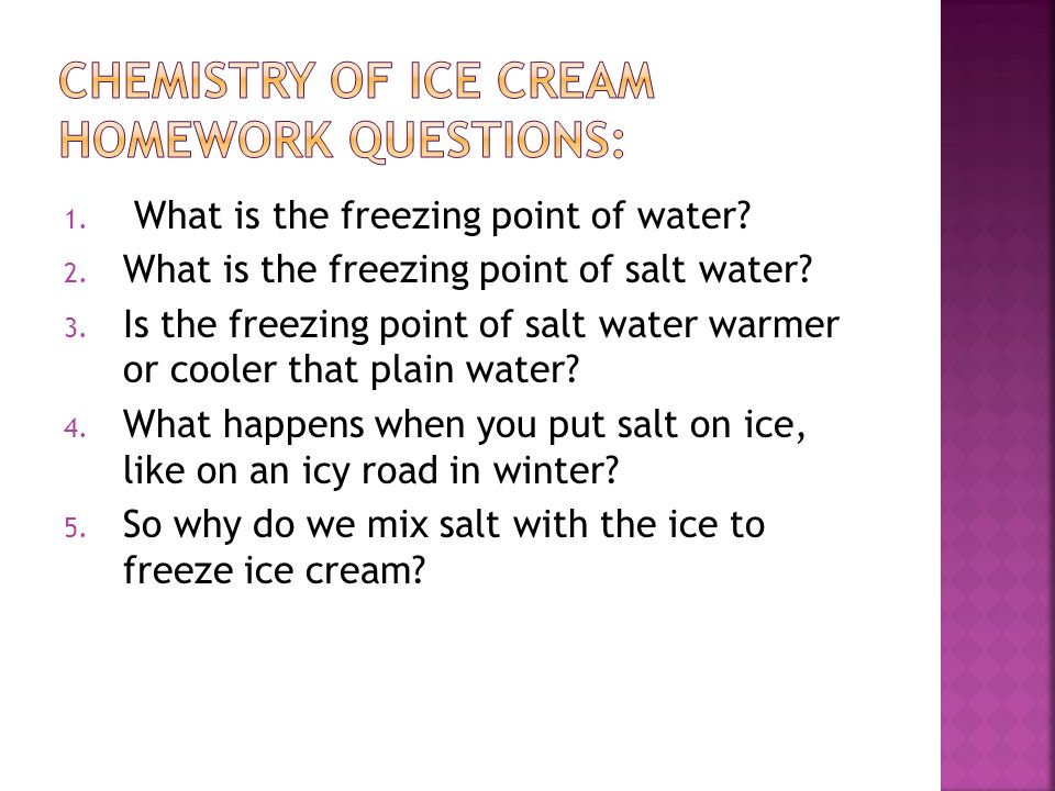 1. What is the freezing point of water. 2. What is the freezing point of salt water.