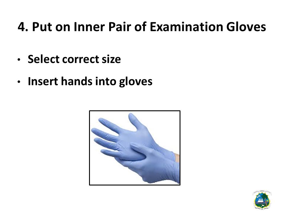 4. Put on Inner Pair of Examination Gloves Select correct size Insert hands into gloves