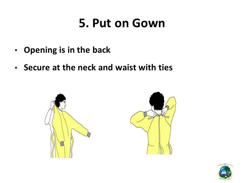 5. Put on Gown Opening is in the back Secure at the neck and waist with ties