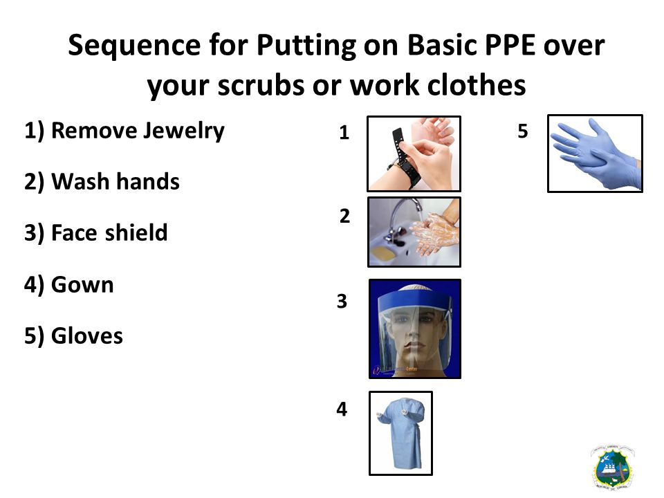Sequence for Putting on Basic PPE over your scrubs or work clothes 1) Remove Jewelry 2) Wash hands 3) Face shield 4) Gown 5) Gloves