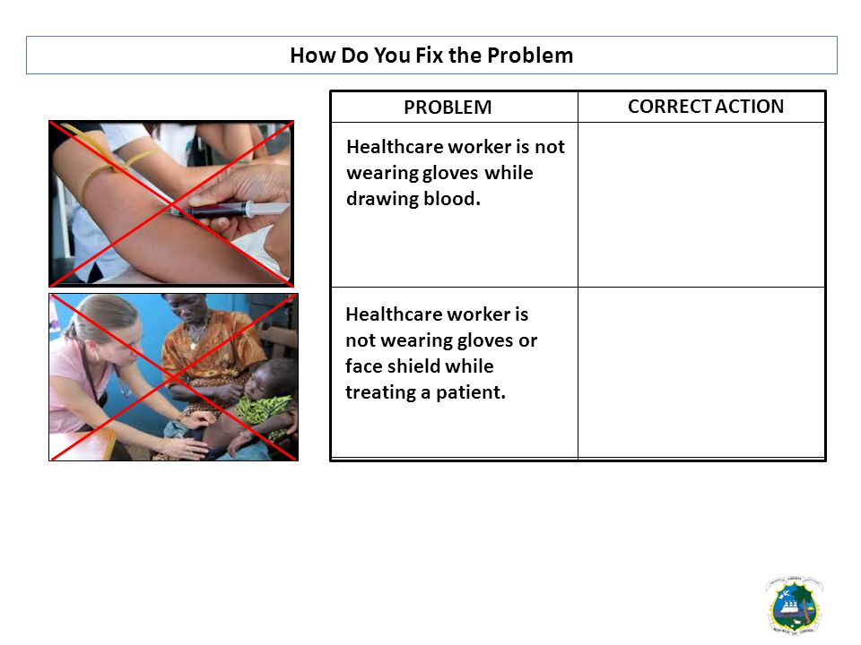 How Do You Fix the Problem PROBLEM Healthcare worker is not wearing gloves or face shield while treating a patient.