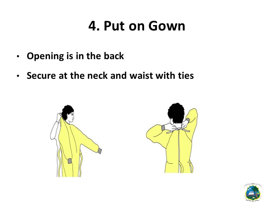 4. Put on Gown Opening is in the back Secure at the neck and waist with ties