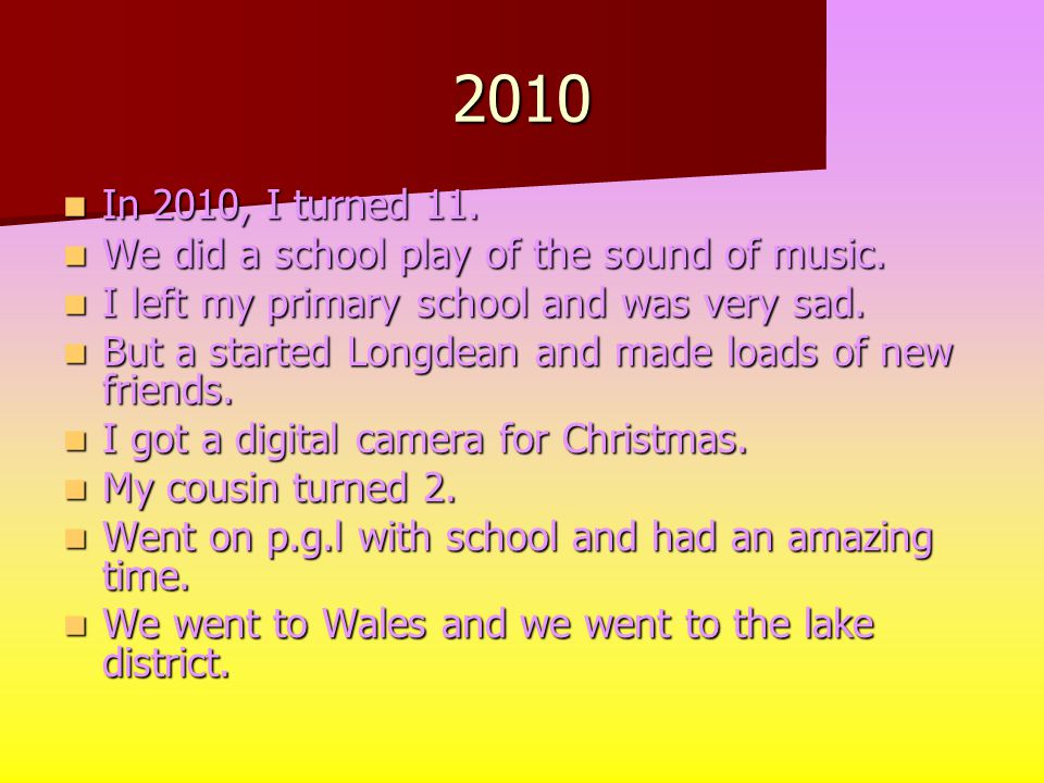2010 In 2010, I turned 11. In 2010, I turned 11. We did a school play of the sound of music.