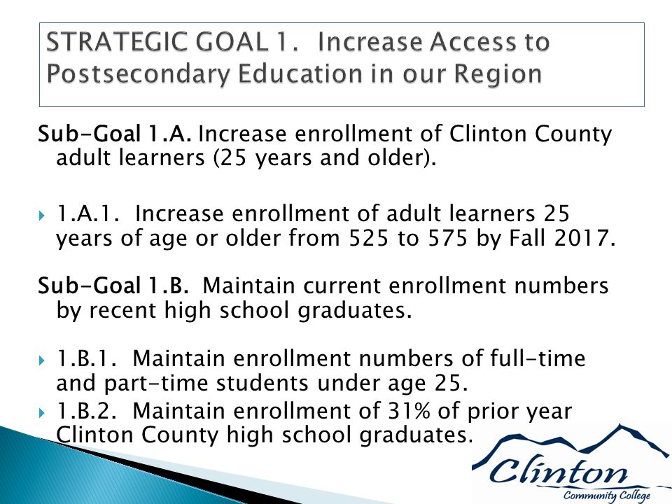 Sub-Goal 1.A. Increase enrollment of Clinton County adult learners (25 years and older).