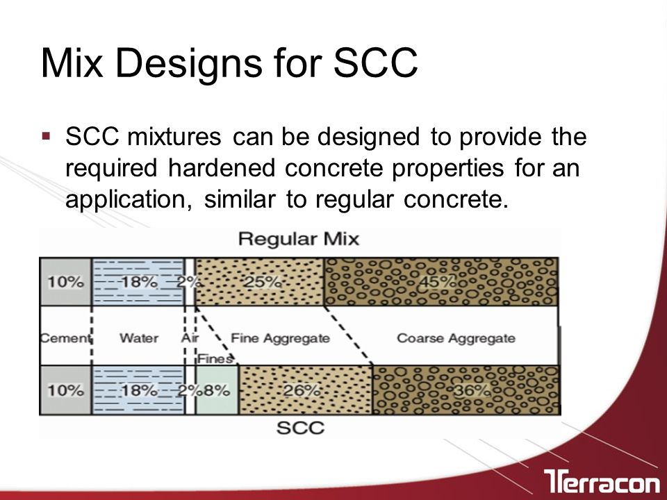 Mix Designs for SCC  SCC mixtures can be designed to provide the required hardened concrete properties for an application, similar to regular concrete.