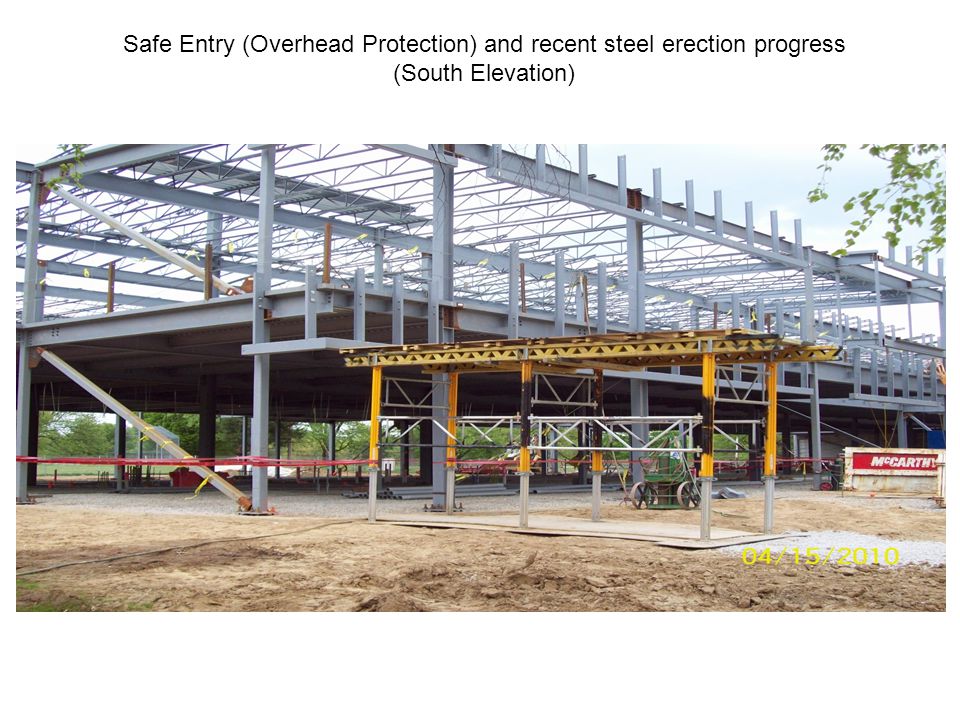 Safe Entry (Overhead Protection) and recent steel erection progress (South Elevation)