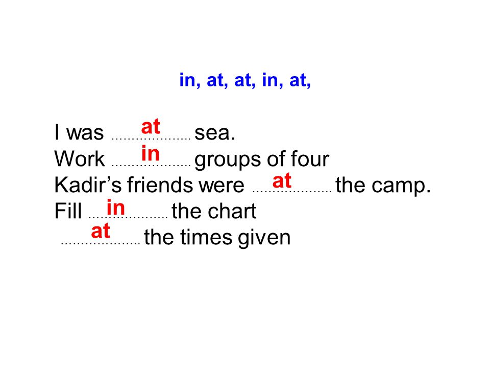 I was ……………….. sea. Work ……………….. groups of four Kadir’s friends were ………………..
