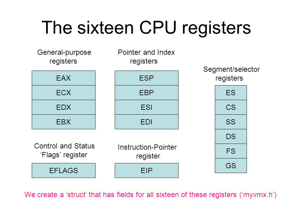 The sixteen CPU registers EAX ECX EDX EBX ESEBP ESI EDI ESP CS SS DS FS GS EFLAGSEIP General-purpose registers Pointer and Index registers Segment/selector registers Instruction-Pointer register Control and Status ‘Flags’ register We create a ‘struct’ that has fields for all sixteen of these registers (‘myvmx.h’)