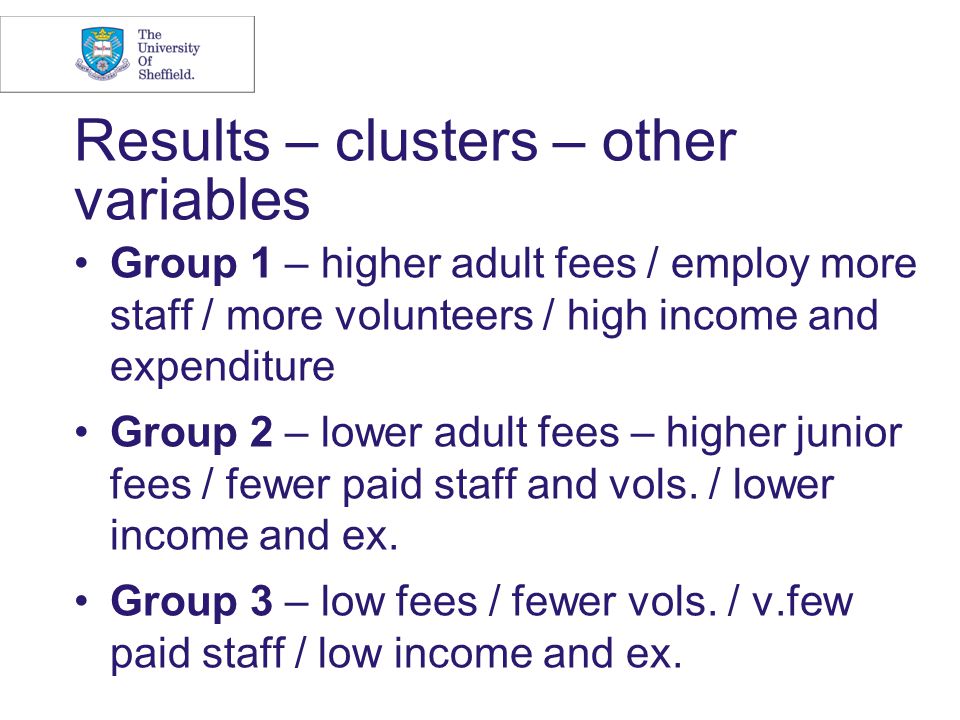 Results – clusters – other variables Group 1 – higher adult fees / employ more staff / more volunteers / high income and expenditure Group 2 – lower adult fees – higher junior fees / fewer paid staff and vols.