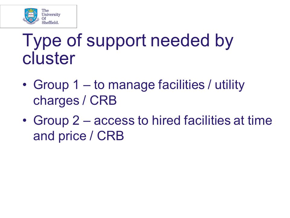 Type of support needed by cluster Group 1 – to manage facilities / utility charges / CRB Group 2 – access to hired facilities at time and price / CRB