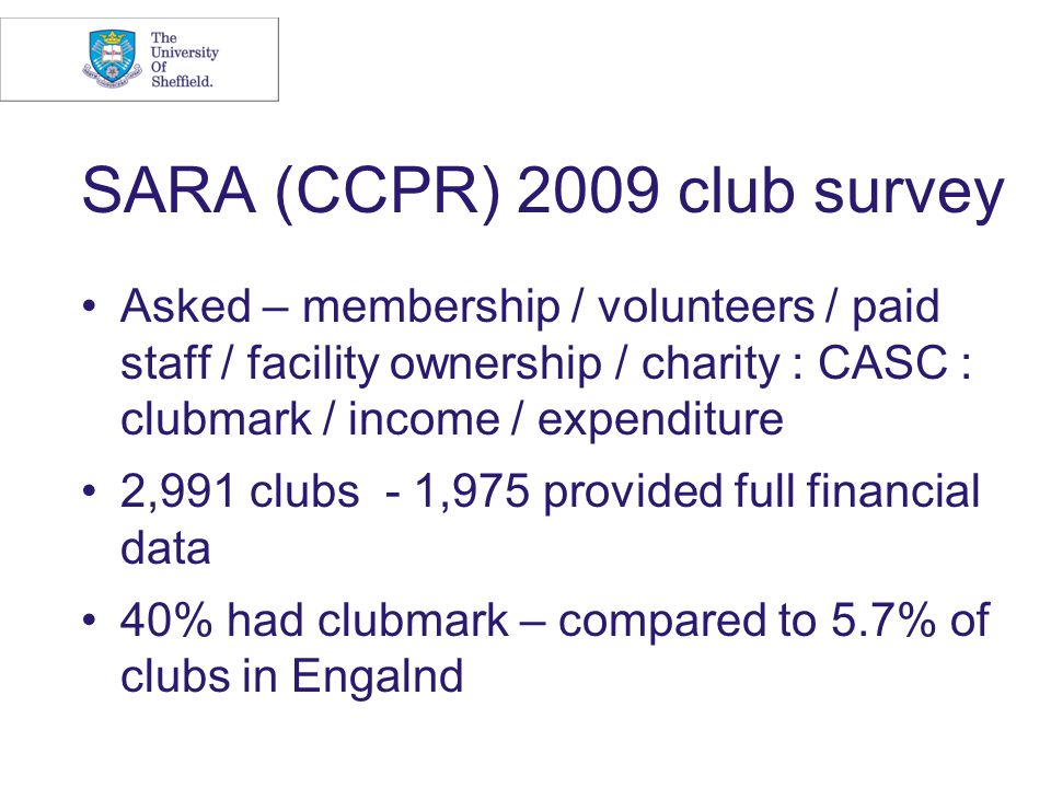 SARA (CCPR) 2009 club survey Asked – membership / volunteers / paid staff / facility ownership / charity : CASC : clubmark / income / expenditure 2,991 clubs - 1,975 provided full financial data 40% had clubmark – compared to 5.7% of clubs in Engalnd