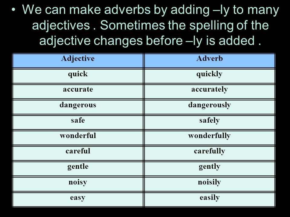 We can make adverbs by adding –ly to many adjectives.