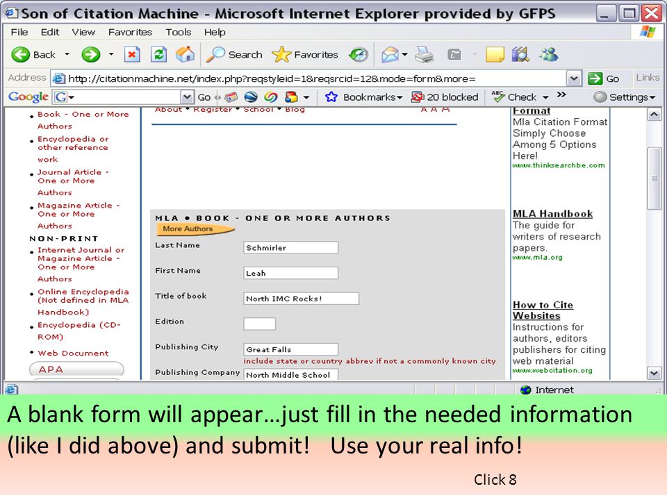 Next: Complete the Web form that appears with information you have taken from your source (fill in the blanks).