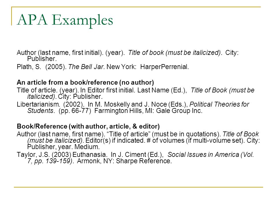 APA Examples Author (last name, first initial). (year).