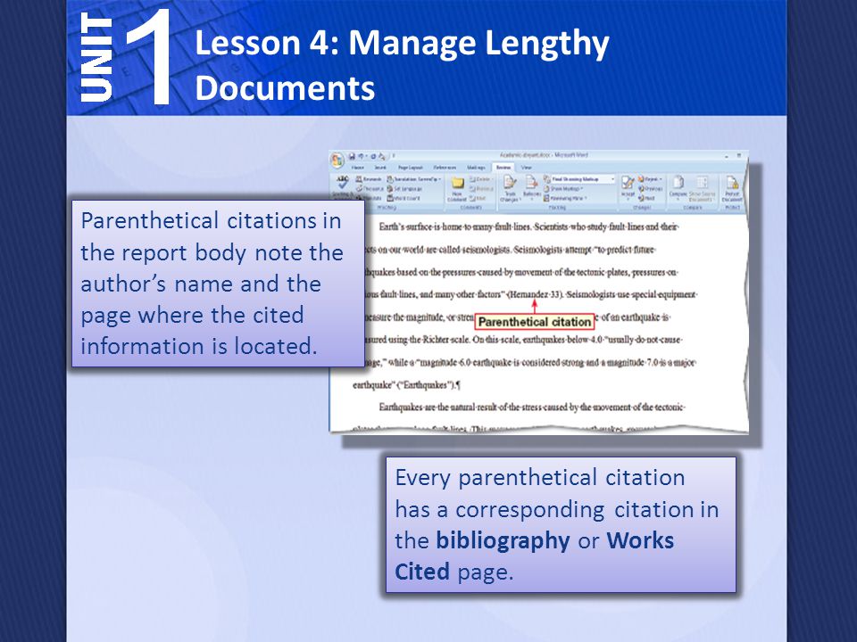 Parenthetical citations in the report body note the author’s name and the page where the cited information is located.