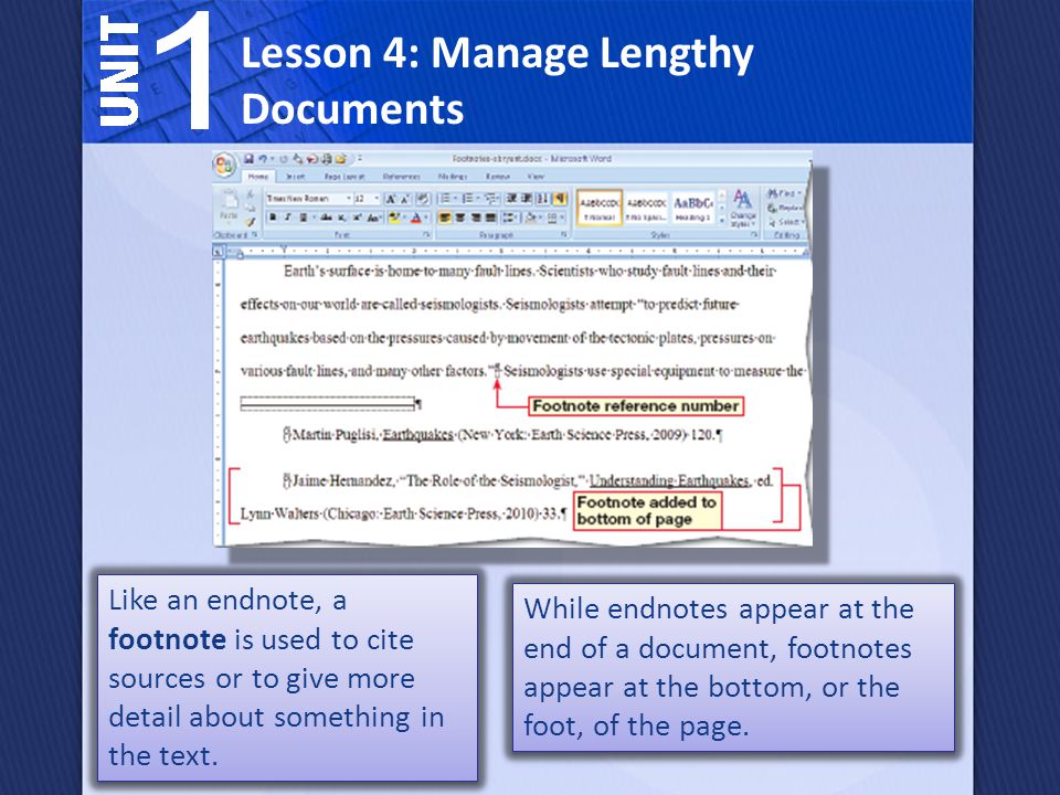Like an endnote, a footnote is used to cite sources or to give more detail about something in the text.