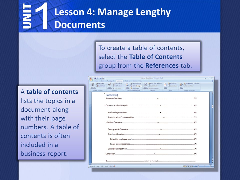 A table of contents lists the topics in a document along with their page numbers.