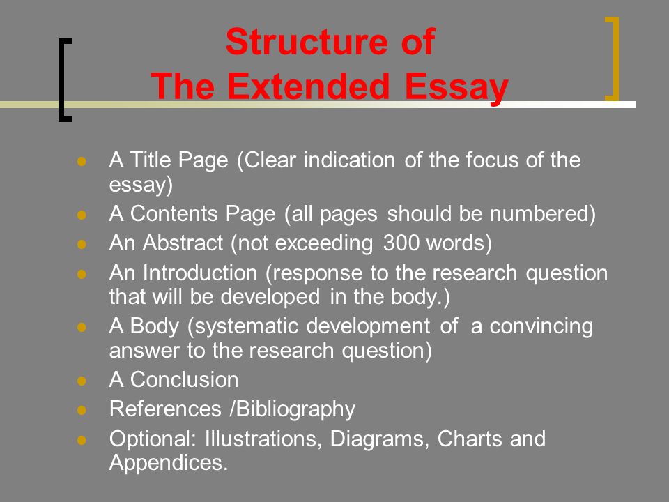 extended essay structure Essays or essay-like extended responses are expected on the following components: paper 1: you essay must follow the structure found on the left. extended essay structure Essays or essay-like extended responses are expected on the following components: paper 1: you essay must follow the structure found on the left.