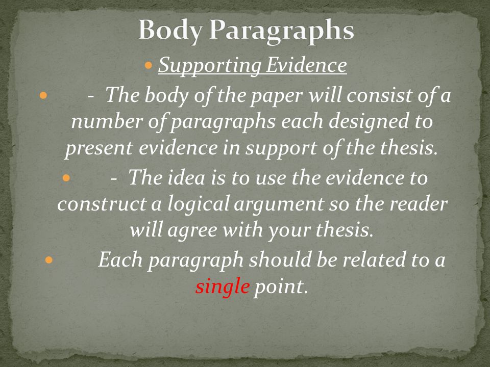 Supporting Evidence - The body of the paper will consist of a number of paragraphs each designed to present evidence in support of the thesis.